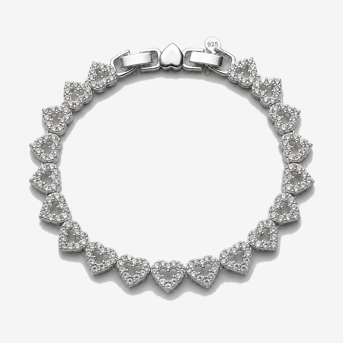 Pulsera Tennis Corazones en Plata 925 con circones, vista completa sobre fondo gris claro